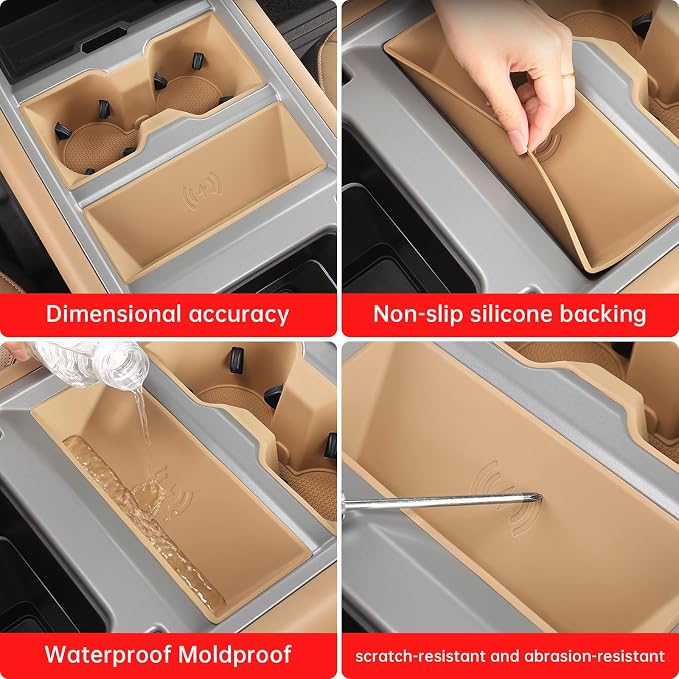 Center Console Storage Box for 2025-2026 Land Rover Defender 90 110 130 Wireless Charging Mat Cup Holder Interior Storage Silicone Mat Tuning Supplies Accessories (2025 Defender (Dark Beige))