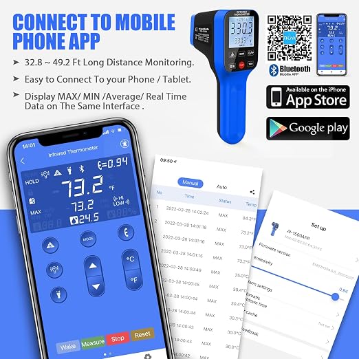 Pyrometer AI-1600APP, -58℉~2912℉ High Temp Thermometer Gun D:S=30:1 Dual Laser Industrial ir Thermometer Gun w/Touch Buttons, Rechargeable Can be Connected to Phone APP (NOT for Human Temp)