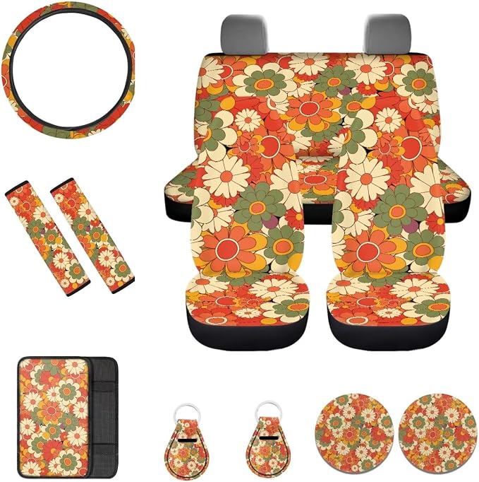 12 Pcs Beauty Hippie Floral Car Seat Cover Sets for Women Rainbow Boho Groovy Flowers Auto Steering Wheel Cover Seatbelt Pads+Daisy Cup Coasters+Keychains,Retro 70S Car Interior Set