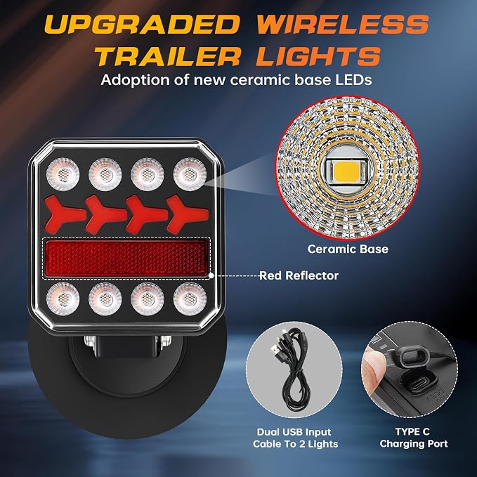 Wireless Trailer Lights, Rechargeable Magnetic LED Trailer Lights with Reverse Light, Portable Wireless Tow Tail Light Kit for Trucks, Boats, RVs, Campers