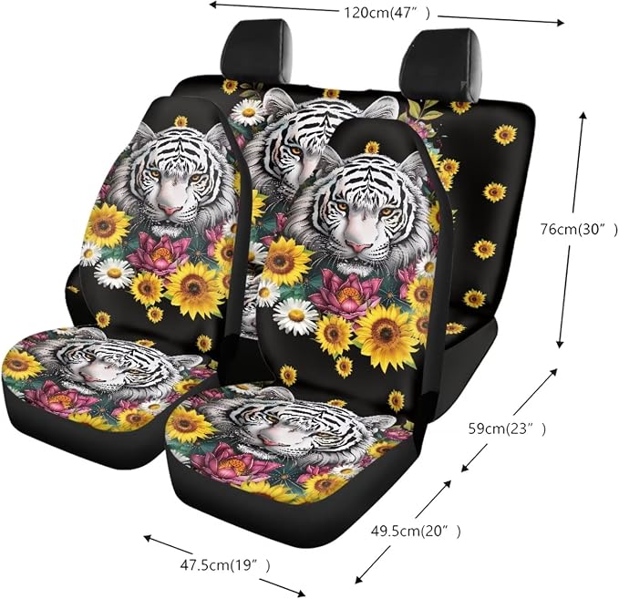 Tiger Sunflower Daisy Print Car Seat Covers Full Set, Car Accessories Set of 13, Universal Fit Steering Wheel Cover + Safe Belts Cover + Coasters with Notch for Trucks SUV Van