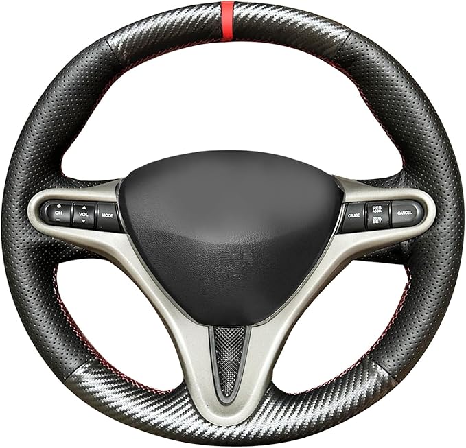 Loncky Black Genuine Leather Carbon Fiber Steering Wheel Cover for Honda Civic 8 2006 2007 2008 2009 2010 2011 Car Custom Fit Hand Stitched OEM DIY Suede Car Interior Parts Accessories (a)