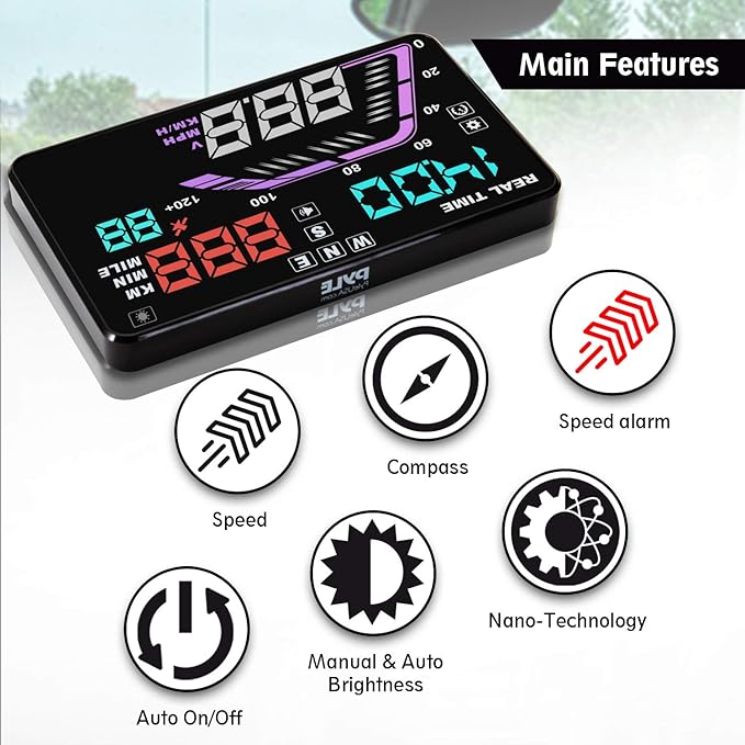 Heads Up Display Hud Screen - Universal 5.Car Head-Up Windshield Display W/Multi-Color Screen Projector Vehicle Speed, GPS Navigation Compass, Plug and Play W/Speed, time, Altitude, Etc - Pyle