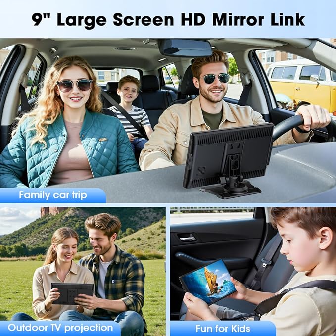 Topexplore Carplay Screen for Car, 9'' Wireless CarPlay & Android Auto- Upgrade Portable Touchscreen with Bluetooth, Mirror Link, Voice Control, Hands-Free Calling,Plug & Play Car Play Screen