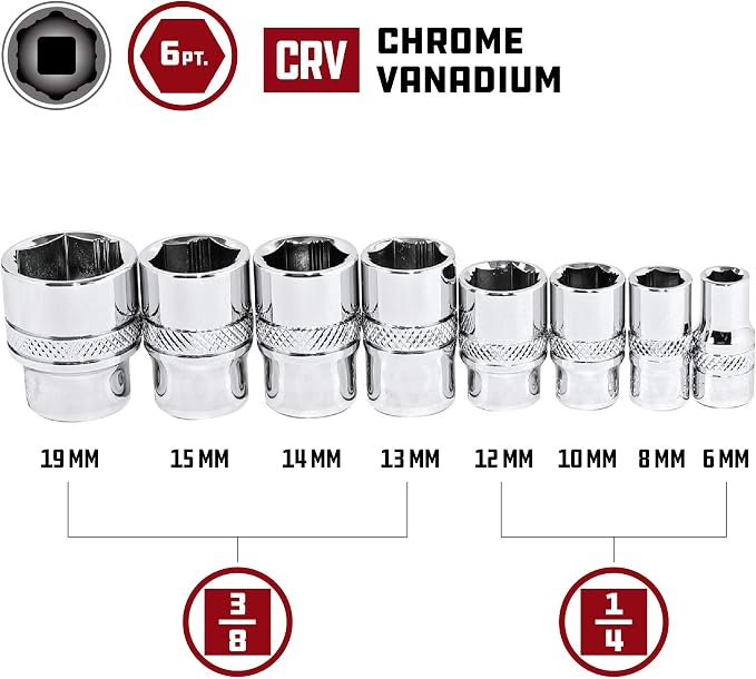 Powerbuilt 941322 8 Piece Metric Zeon Socket Set - with use for Standard, Rusted, Rounded Bolts and Nuts, Size from 6mm to 19mm , Silver