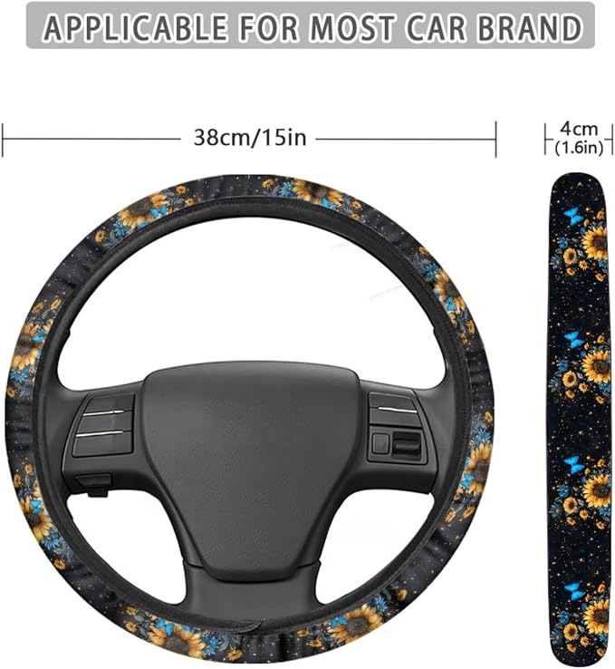 Sunflower Butterfly Daisy Print Car Seat Covers Full Set, Car Accessories Set of 13, Universal Fit Steering Wheel Cover + Safe Belts Cover + Coasters with Notch for Trucks SUV Van