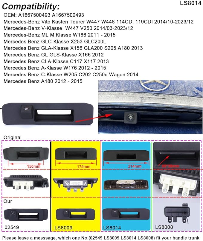 HD Rear View Camera Waterproof Car Trunk Handle Backup Camera Compatible with Mercedes-Benz Vito Kasten Tourer W447 W448 114CDI 119CDI V-Klasse V250 ML M Klasse W166 (LS8014=214 * 52mm)