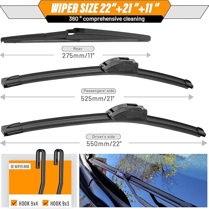 AUTOBOO 22"+21" Windshield Wipers with 11" Rear Wiper Blade Sets Replacement for Jeep Grand Cherokee 2014 2015 2016 2017 2018 2019 2020 2021-Original Factory Quality (Pack of 3)