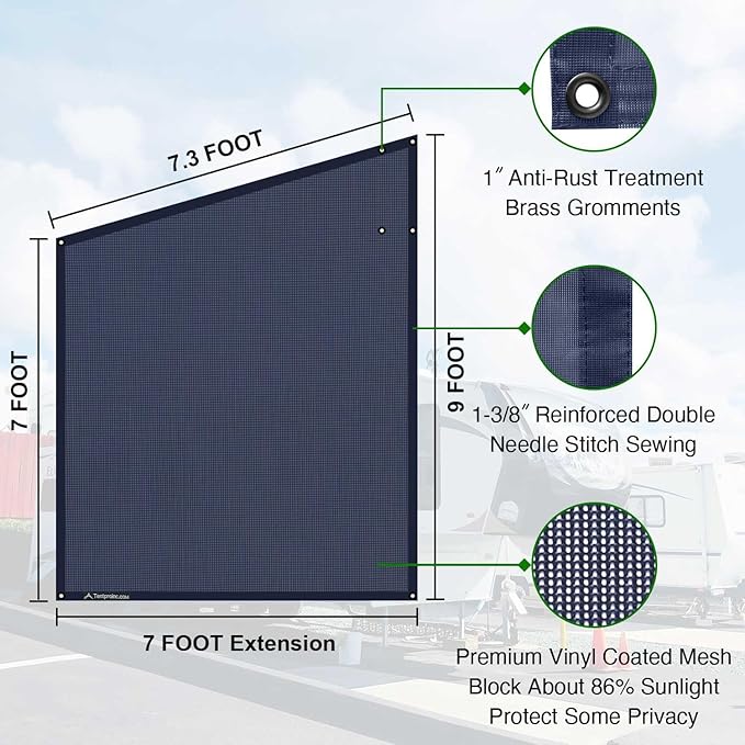 Tentproinc RV Awning Side Sun Shade Screen 9'X7' Mesh Sunshade for Motorhome Camping Trailer Awning Sunscreen Screenshade Block UV Glare Sunblocker - 3 Year Warranty (Navy Blue)