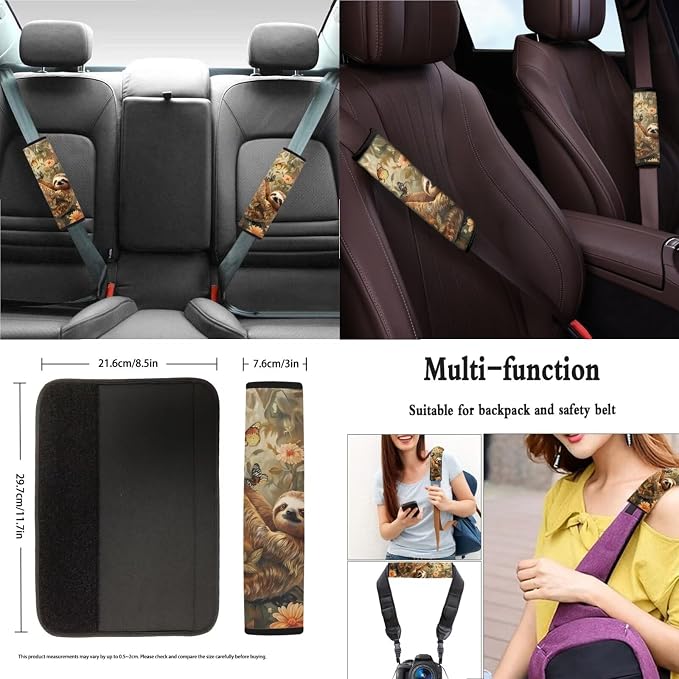 Suobstales Cute Sloth Print Car Seat Cover for Women Full Set SUV Interior Accessories Front/Back Bench Bucket Seat Cover,Steering Wheel Cover,Seat Belt Cover,Cup Holder Coasters,Keychain