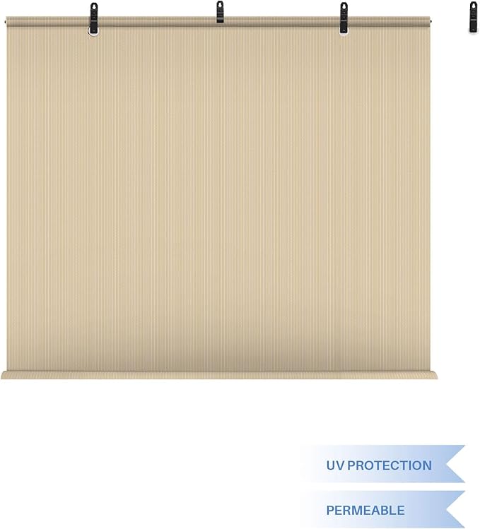 E&K Sunrise 5'W x 13'H Roll Up Shade Outdoor Roller Shade Blind Sun Shade UV Block for Patio Porch Backyard Gazebo Deck Pergola (Beige)