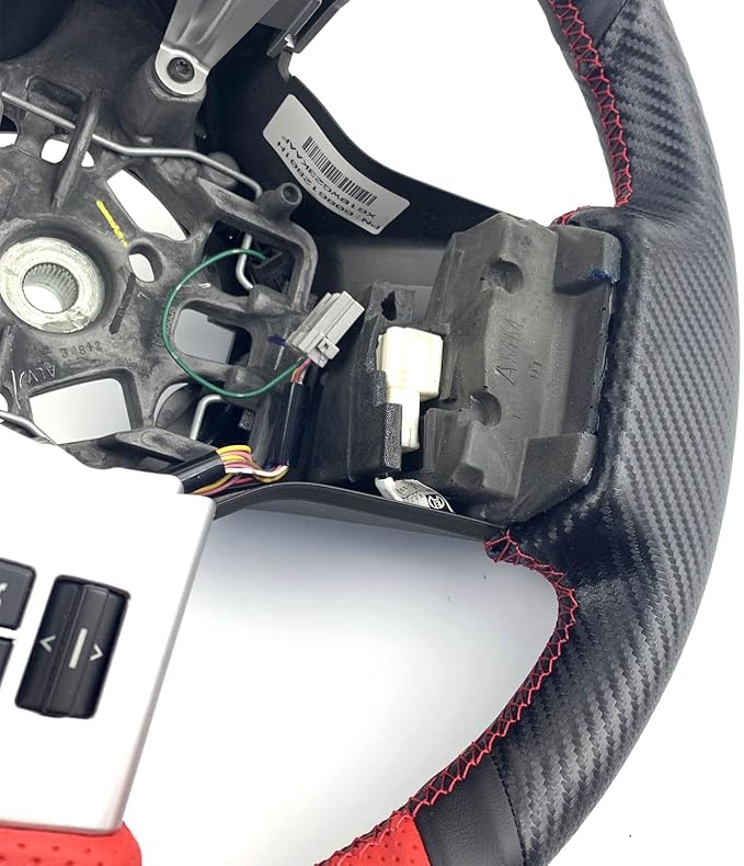 Matte Black Carbon Fiber&Red Perforated Leather Steering Wheel Cover Hand-Stitch Sew on Wrap for Nissan Pathfinder 2005-2012 / Nissan Xterra 2005-2015 / Nissan Frontier 2005-2019