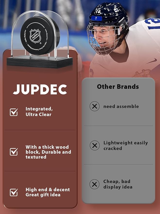 JupDec Hockey Puck and Collectibles Display Case, Premium Acrylic Clear Box Puck Holder with Mahogany Wood Base, Showcase for Autographed Souvenir Memorabilia, Collectible Figure Stand, Black