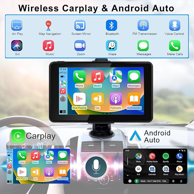 7" HD Apple CarPlay & Android Auto Screen for Car | Portable Touchscreen Screen Naivgation Car Stereo, with CarPlay Bluetooth, Mirror Link, Siri, Hands-Free Calling, AirPlay, FM/AUX & Voice Assistant