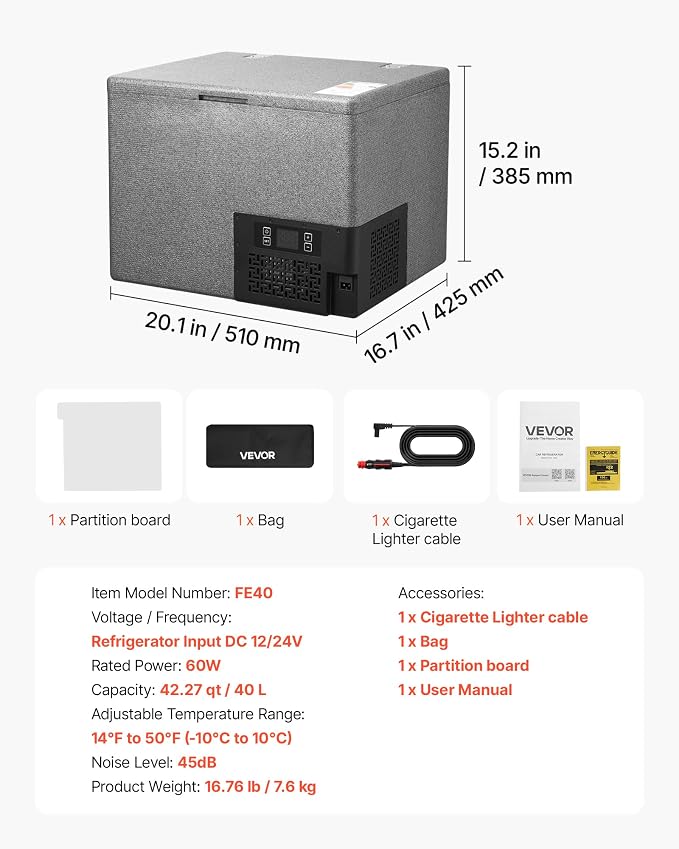 VEVOR 12 Volt Refrigerator, 42.3 QT/ 40L Car Fridge, Portable Ultra-Light EPP Freezer, APP Control Electric Compressor, 12V/24V DC, 14℉ to 50℉, for Truck Van RV SUV Boat Travel Camping ASIN B0GZB65DNP