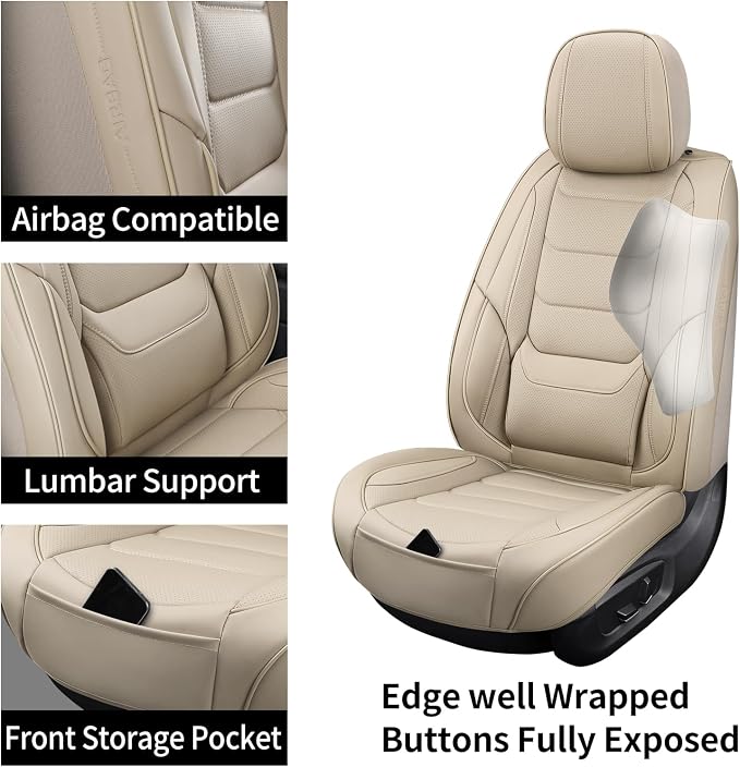 Leather Car Seat Covers Full Set Breathable Automotive Seat Covers Waterproof Seat Protectors Fit for Most Automotive Cars SUV Trucks Vehicle (Beige, Full Set)