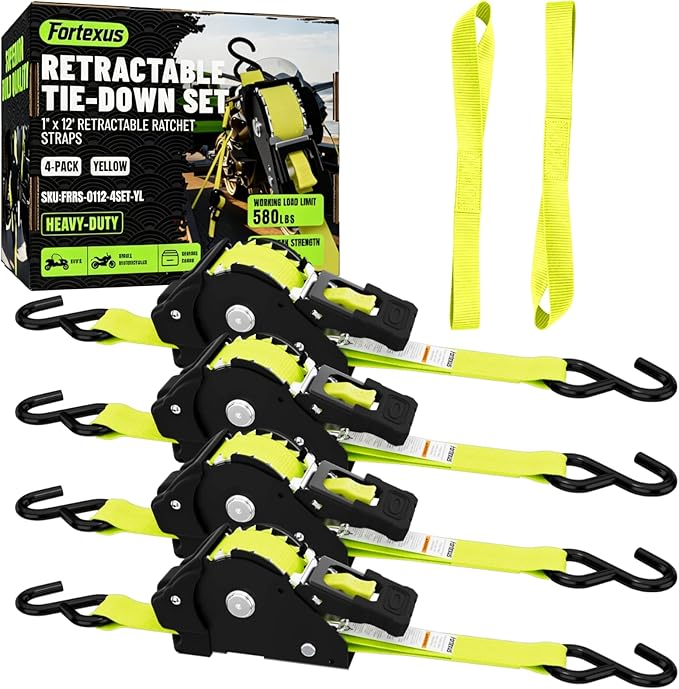 Retractable Ratchet Straps, 4-Pack, 1 Inch x 12 Feet, 1,760lb Break Strength, Self Retracting Tie Down for Truck, Cargo Trailer, Motorcycle, ATV, UTV (Yellow, 4pack)