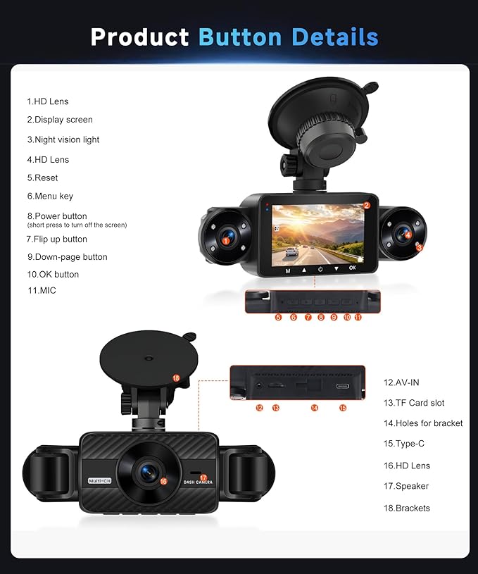 360° Dash Cam Front and Rear Inside Left Right, 4 Channel FHD 1080P Dash Cam for Cars, 3" Dashcams with 64G TF Card 8 IR Night Vision, Loop Recording, G-Sensor, 24H Parking Mode Monitor, Reverse View