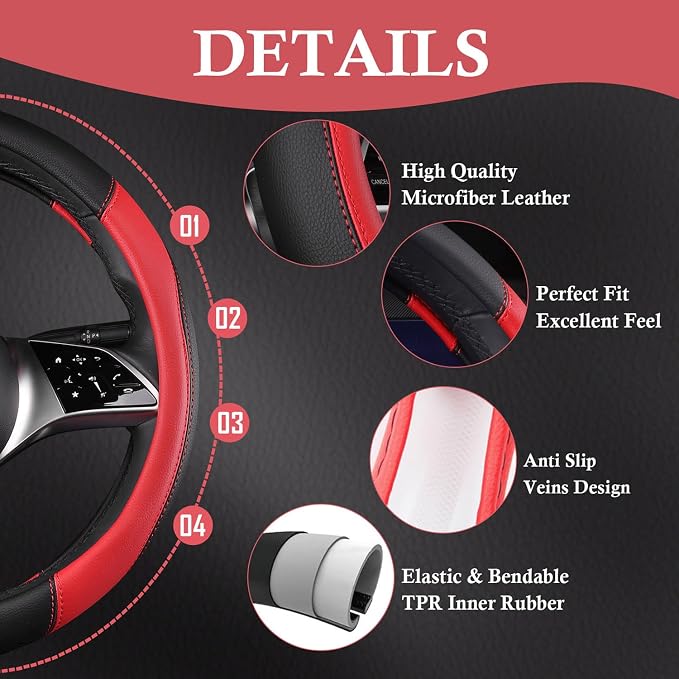 CAR PASS Faux Leather Car Seat Covers Full Sets, Steering Wheel Cover 14.5-15inch and Waterproof Car Floor Mats,Universal Fit SUV Sedan Van Truck, Automotive Car Interior Sets(Black＆Red)
