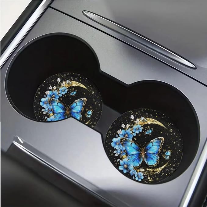 BIGCARJOB Butterfly Car Seat Cover Set - Blue Moon Butterfly Design - Steering Wheel Cover, Seat Belt Pads, Armrest Pad & More - 12 Pcs Car Decorative Accessories