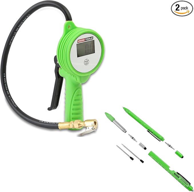 OEMTOOLS Digital Tire Inflator with Tire Pressure Gauge, Digital LCD Display, 0 to 175 PSI Air Pressure Gauge, Multitool Pen Set 2pcs Multi-Tool Pens