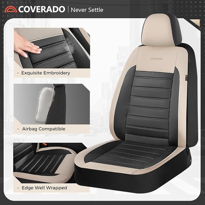Coverado Car Seat Covers Full Set, Luxury Leather Car Seat Covers, Automotive Front and Rear Mesh Seat Covers, Full Set 5 Seats, Black Beige Seat Covers for SUV Sedan Truck
