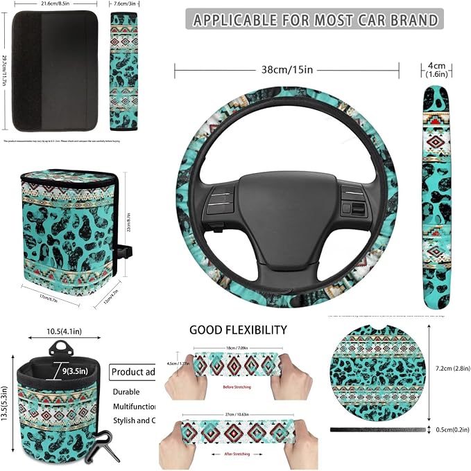 Dreaweet Aztec Cow Print Seat Covers for Cars Full Set Turquoise Front and Back Seat Covers with Steering Wheel Cover Seat Belt Pads Coasters Trash Bag Air Vent Pouch Rear View Mirror Cover Keychain