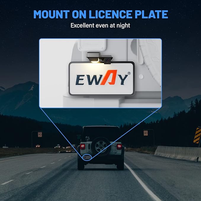 EWAY Safety Backup Rear View Camera for Jeep Wrangler 2007-2018 Reverse Reversing License Plate Camera & for Jeep Wrangler JK Backup Camera Video in-Dash Radio Wire Input Harness AV Plug to Display
