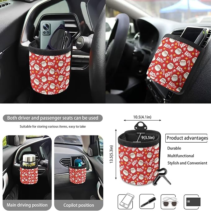 Santa Claus Stars Print Car Seat Covers Full Set Anti-Slip Car Trash Can Steering Wheel Cover Auto Air Vent Storage Bag Coasters Keychain Christmas Decor Fit for SUV Van Truck, Pack of 10