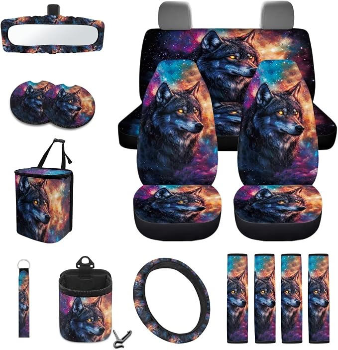 Wolf Galaxy Print 15PCS Car Seat Cover Front Back Seat Protector with Steering Wheel Cushion, Belt Pad, Trash Can Air Vent Bag Mirror Cover Universal Fit Most Cars
