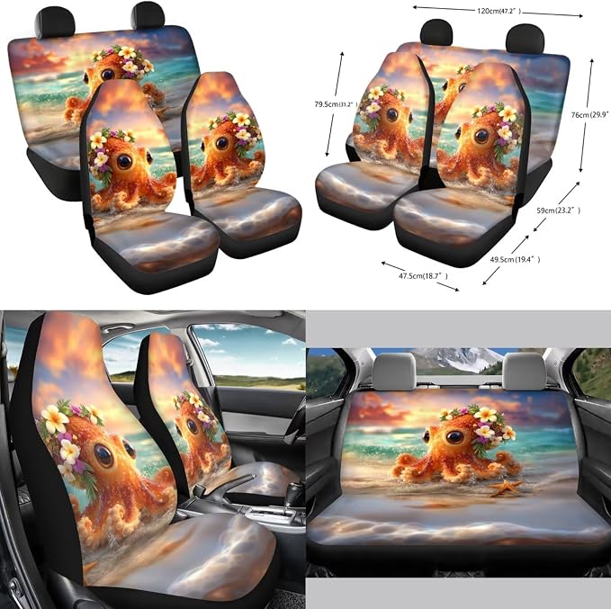 Forchrinse Octopus Car Accessories Set for Men Women 15pcs Car Front Back Seat Covers,Steering Wheel Cover,Seat Belt Pads Gear Shift Knob Handbrake Cover Cup Holder Trash Can