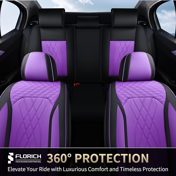 FLORICH Seat Covers for Cars Purple Leather Car Seat Covers Front Pair Breathable Automotive Car Seat Cover Non-Slip Easy Installation Comfortable Universal Fit for Most Car Truck SUV, Black&Purple