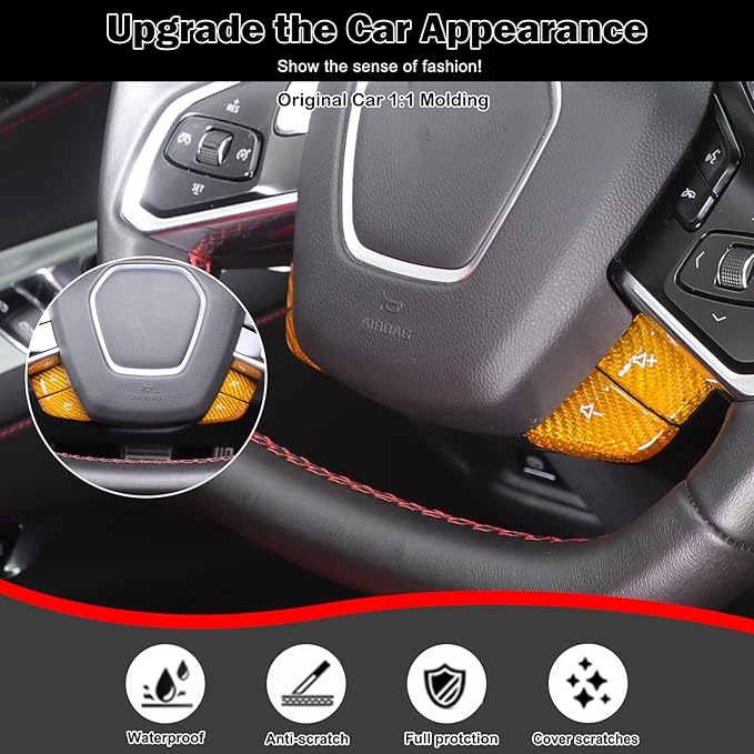 Dry Carbon Fiber Central Control Steering Volume Button Cover Compatible with Corvette C8 2020-2025 Accessories 4Pcs Center Consoles Steering Button Panel Sticker Decorative Interior Trim (Yellow)
