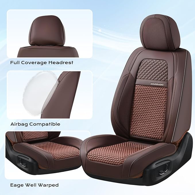 Coverado Leather Seat Cover Front, Universal Covers for Cars, Waterproof Luxury Leatherette Seat Cushions, Auto Car Seats Protectors, Driver Seat Cover Fit for Most Vehicles-Brown
