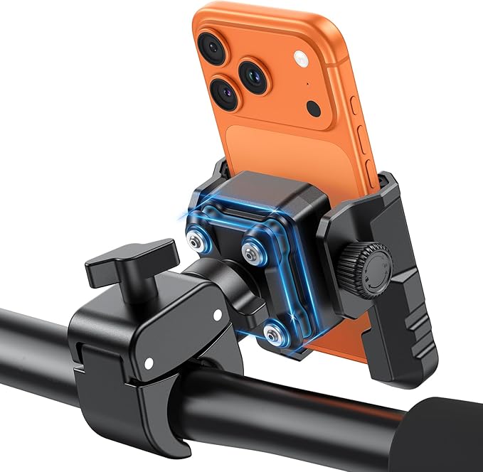 OMOTON BK01 Anti-Vibration Phone Mount, Quick Lock Shockproof Bike & Motorcycle Phone Holder, Fits iPhone & Android for Riders on E-Bike, Stroller, Scooter, Fits Handlebars & Rearview Mirror, Black