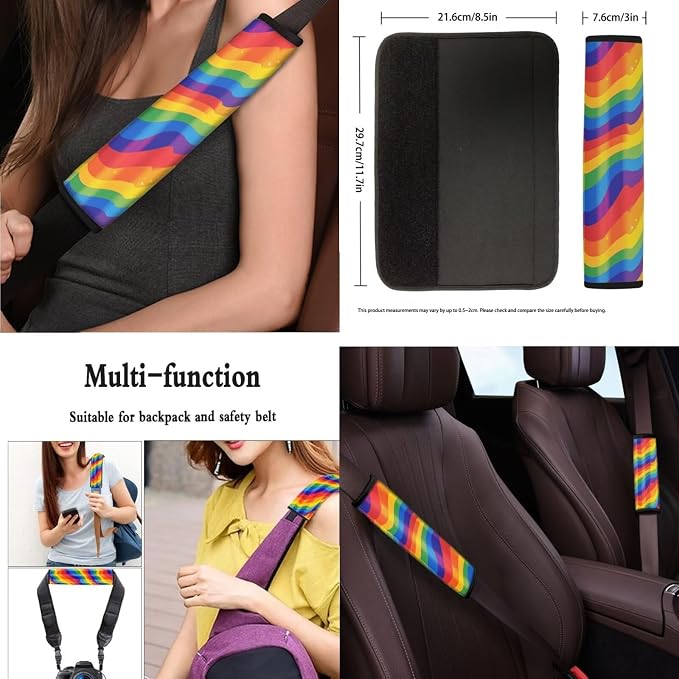 13 PCS Rainbow Flag Ripple Car Seat Covers, Colorful Ripples Polyester Fabric Front Seat Rear Cover, LGBT Gay Pride Auto Armrest Cover Headrest Cover Keychain