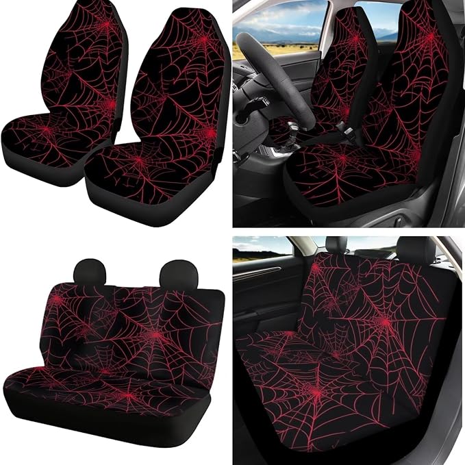 Red Spider Web Car Seat Covers with Steering Wheel Cover,Car Sun Shade,Center Cushion,Seat Belt Covers Cup Holder with Keychain,Automotive Set Unverisal Fit Most Cars SUV Turcks,16 Pack