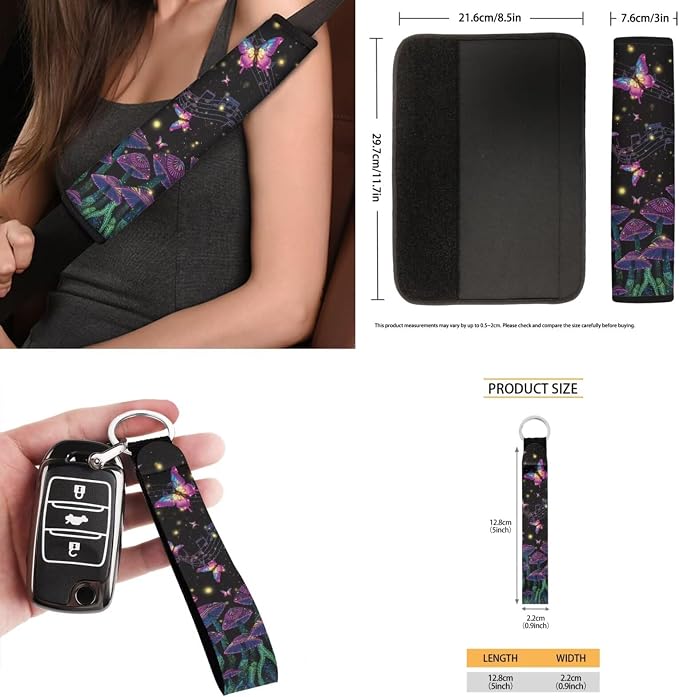 15 Pcs Glitter Rose Butterfly Car Seat Covers Full Set for Women Goth Car Accessories Interior Car Steering Wheel Cover Seatbelt Covers Trash Bin Rear View Mirror Cover Cup Holders Keychain