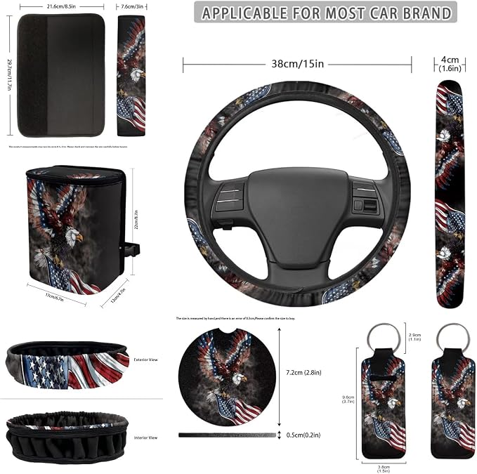 Eagle Flag Car Accessories Set 12 Pcs Steering Wheel Cover Seat Belt Cover Car Trash Can Rear View Mirror Cover Cup Coasters Keychain Holder Keychains