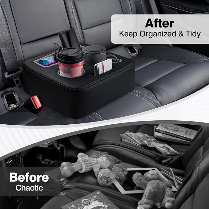 Autorder Back Seat Cup Holder for Car, Couch Cup Holder, Car Truck Boat RV Organizer, Holds Coffee Cups, Books, Phones, Remote Controls - PU Leather Black