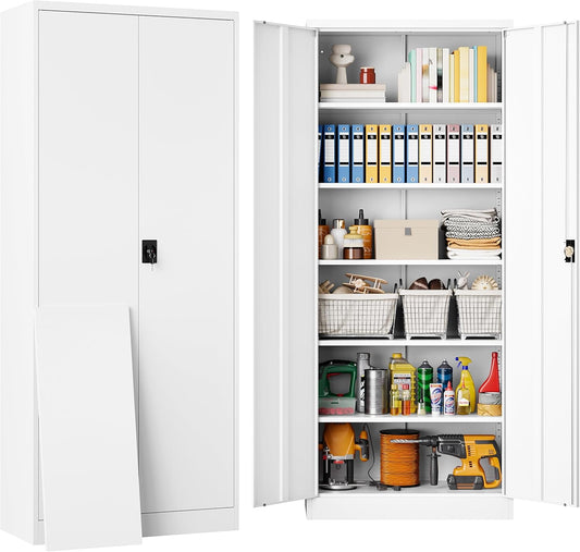 White Metal Storage Cabinet with 5 Adjustable Shelves,71" Tall Metal Cabinet with Locking Doors,Steel Cabinet with Lock,Lockable Storage Cabinets for Home,Office,Kitchen,Laundry,Pantry
