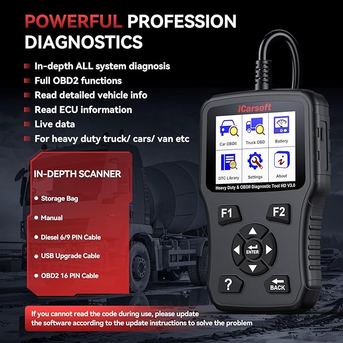 iCarsoft Heavy Duty Truck Scanner HD V3.0 All System Diesel Diagnostic Scan Tool Battery Test Code Reader for Freightliner, Paccar, International, Mack, Volvo, Hino, Isuzu, Cummins Heavy Duty Trucks