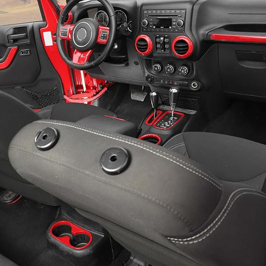Hoolcar Steering Wheel Cover Gear Shift Panel Trim Cover Water Cup Holder Cover Kit Interior Accessories Kit Fit for Jeep Wrangler JK JKU 2011-2018, 4-Door, Red