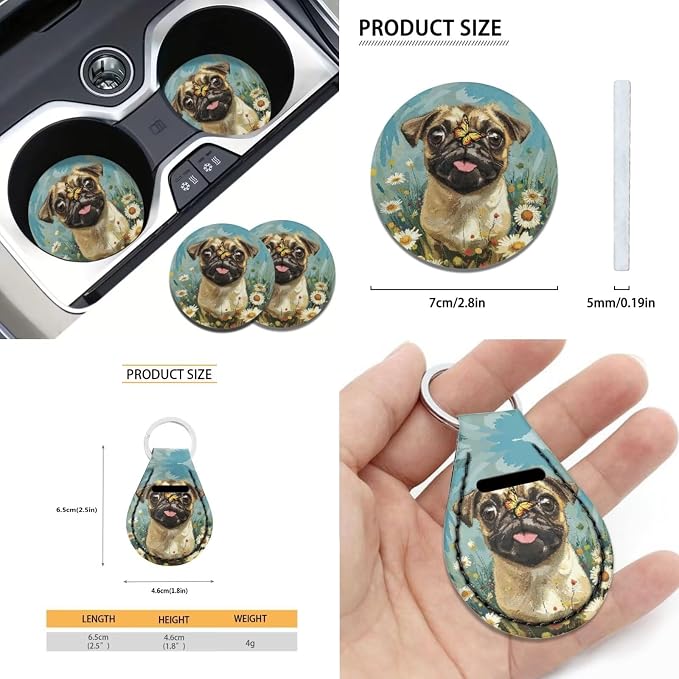 Xoenoiee Pug Dog Butterfly Floral Print Universal Car Seat Covers Full Set 11-pcs Car Interior Accessories, Car Coasters, Keychain, Steering Wheel Cover, Seat Belt Pad