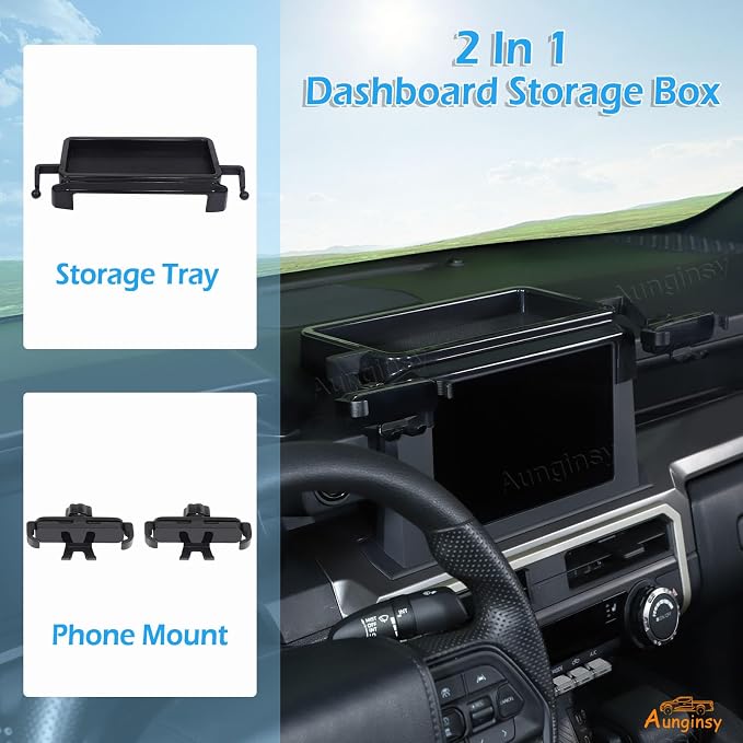 Car Center Console Dash Storage Tray With Phone Mount Compatible with Toyota Tacoma 2024 2025 2026, Dashboard Organizer Tray Mobile Phone Holder Storage Box Insert Accessories, Only Fit 8-inch Screen