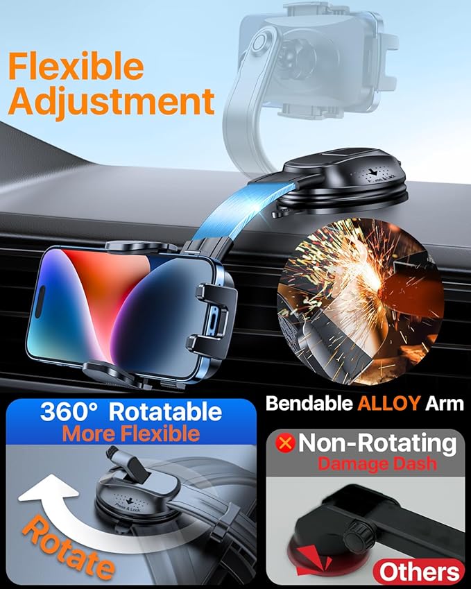 HTU Upgraded Strongest Suction Car Phone Holder Bendable Arm, Never Block View Rotatable Cellphone Mount for Dashboard Windshield Vent, Cradle Stand for iPhone 17 16 15 14 13 12 Pro Max (Red)