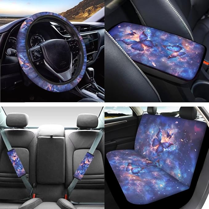 Mumeson Butterfly Galaxy Pattern Car Seat Covers 8 Pack Auto Interior Decor Set 2 Piece Car Seat Covers with Non-Slip Steering Wheel Covers 2 Pcs Seatbelt Covers Cushion Car Armrest Cover Pad