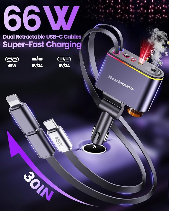 5 in 1 Retractable Car Charger USB C,Smart Car Air Freshener Diffuser | Charging Retractable Car Phone Charger with aromatherapy diffusers,66W Cigarette Lighter Adapter Type-C for iPhone17/16/15/14