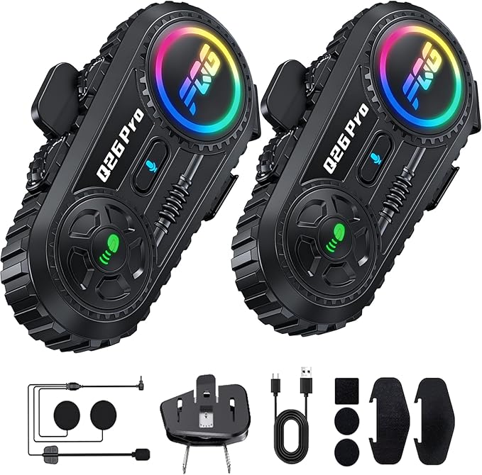2 Pack Motorcycle Helmet Headset Bluetooth Intercom 2-Way Communication System, 1600FT Range, 18Hrs Talk Time, IP56 Waterproof, AI Voice Assistant, Detachable Design for Motorcycle Ski Snowmobile