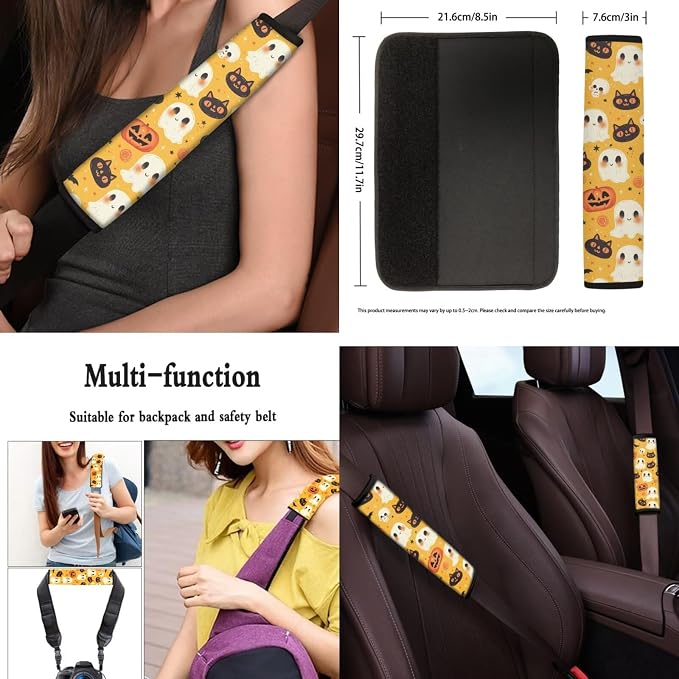 Cute Halloween Print Car Seat Covers Full Set with Auto Steering Wheel Cover Auto Center Console Pad Seat Belt Covers for SUV Truck Cars, Halloween Decorations Gifts